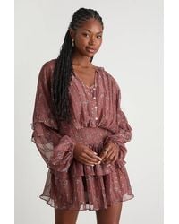 Lulus - Christy Rust Floral Button-Front Long Sleeve Mini Dress - Lyst