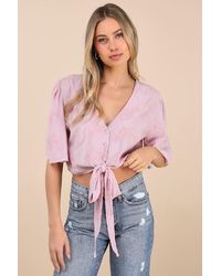 Lulus - Delightful Darling Floral Embroidered Tie-Front Crop Top - Lyst
