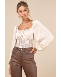 Lulus - Endless Aura Cream Satin Balloon Sleeve Sheer Lace Bodysuit - Lyst