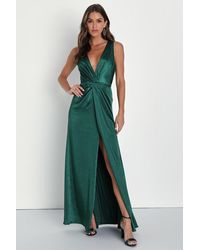 Lulus - Perfect Refinement Emerald Satin Sleeveless Pleated Maxi Dress - Lyst