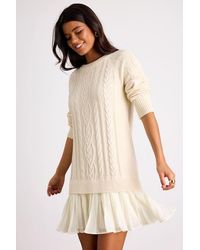 Lulus - Alvie Cream Cable Knit Drop Waist Sweater Dress - Lyst