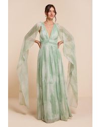 Lulus - Damaria Sage Multi Abstract Cape Sleeve Maxi Dress - Lyst