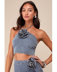 Lulus - Favorite Reference Light Wash Denim Rosette Halter Top - Lyst