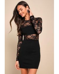 Lulus - Sultry Mindset Sheer Lace Long Sleeve Bodycon Mini Dress - Lyst