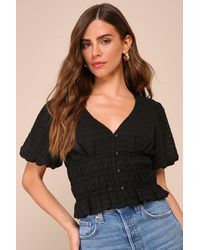 Lulus - Dreamy Imagination Smocked Short Sleeve Button-Front Top - Lyst
