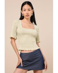 Lulus - Enna Pale Smocked Short Sleeve Top - Lyst