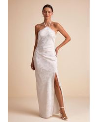 Lulus - Emeris Satin Jacquard Lace Halter Maxi Dress - Lyst