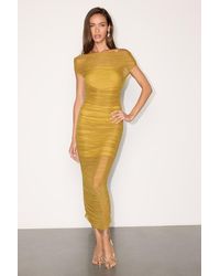 Lulus - Sunama Chartreuse Mesh Ruched Bodycon Midi Dress - Lyst