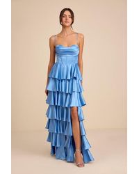 Lulus - Arletta Satin Bustier Tiered Maxi Dress - Lyst
