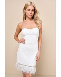 Lulus - Vivacious Moment Lace Bustier Strapless Feather Mini Dress - Lyst