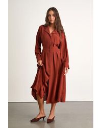 Lulus - Timeless Class Rust Collared Button-Up Pleated Midi Dress - Lyst