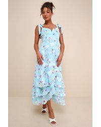 Lulus - So Elevated Floral Jacquard Tie-Strap High-Low Midi Dress - Lyst