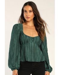 Lulus - Spread The Cheer Emerald Textured Square Neck Long Sleeve Top - Lyst