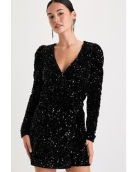 Lulus - Glowing Muse Sequin Velvet Long Sleeve Wrap Mini Dress - Lyst