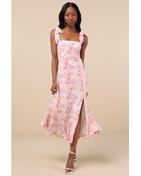 Lulus - Summer Invite Multi Floral Tie-Strap Tiered Midi Dress - Lyst