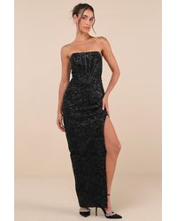 Lulus - Stately Aura Mesh Velvet Strapless Bustier Maxi Dress - Lyst