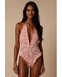 Lulus - Abrielle Sheer Lace Ruffled Halter Bodysuit - Lyst