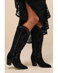 Lulus - Mallerie Suede Studded Knee-High Western Boots - Lyst