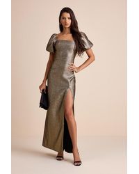 Lulus - Celestina Bronze Lurex Puff Sleeve Mermaid Maxi Dress - Lyst