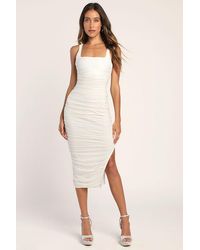 Lulus - V.I.P. Treatment Mesh Ruched Bodycon Midi Dress - Lyst