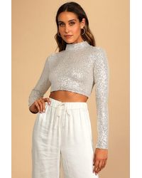 Lulus - Dazzling Beauty Sequin Long Sleeve Mock Neck Crop Top - Lyst