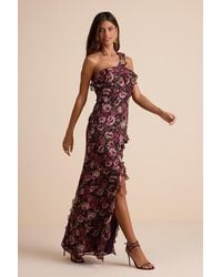 Lulus - Bonelle Plum Multi Floral Metallic Clip Dot Ruffled Maxi Dress - Lyst