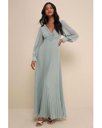 Lulus - Sophisticated Grace Sage Pleated Long Sleeve Maxi Dress - Lyst