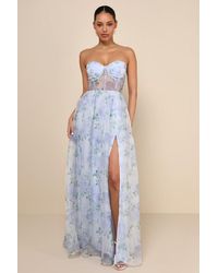 Lulus - Charming Sweetness Periwinkle Floral Organza Bustier Maxi Dress - Lyst