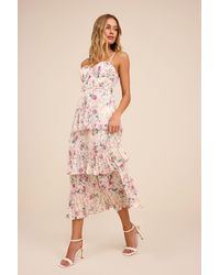 Lulus - Cascading Crush Floral Print Tiered Bustier Midi Dress - Lyst