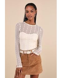Lulus - Sheer Passion Cream Sheer Lace Long Sleeve Top - Lyst
