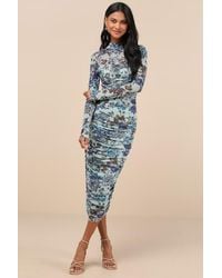 Lulus - Impressive Flirt Floral Mesh Ruched Mock Neck Midi Dress - Lyst