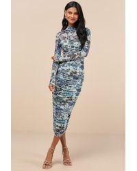 Lulus - Impressive Flirt Floral Mesh Ruched Mock Neck Midi Dress - Lyst