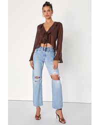 Lulus - Thriving Flirt Chiffon Ruffled Long Sleeve Tie-Front Top - Lyst