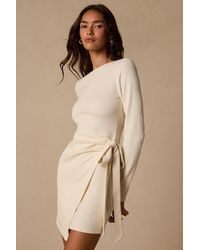 Lulus - Winnie Cream Ribbed Knit Wrap Sweater Mini Dress - Lyst