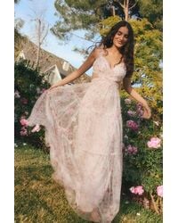 Lulus - Ethereal Love Blush Floral Pleated Tiered Tie-Back Maxi Dress - Lyst