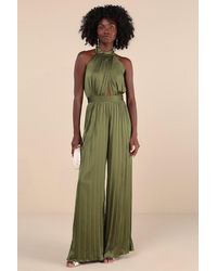 Lulus - Confident Impression Satin Pleated Halter Jumpsuit - Lyst