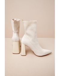 Lulus - Feliciaa Almond Ribbed Knit Pointed-Toe Sock Boots - Lyst