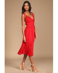 Lulus - Never A Dull Moment Bright Tie-Strap Pleated Midi Dress - Lyst