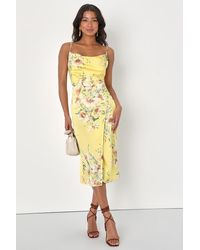 Lulus - Sunny Blossom Floral Print Satin Cowl Neck Midi Dress - Lyst