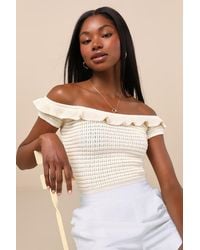 Lulus - Atarah Cream Open-Knit Off-The-Shoulder Sweater Top - Lyst