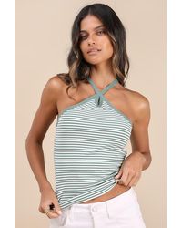 Lulus - Delightful Pose Sage Striped Ribbed Knit Keyhole Halter Top - Lyst