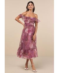 Lulus - Sweet Composure Plum Floral Organza Off-The-Shoulder Midi Dress - Lyst