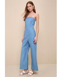 Lulus - Lovely Sunshine Medium Wash Strapless Straight Leg Jumpsuit - Lyst