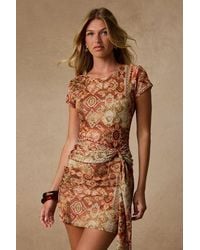 Lulus - Kamora Rust Multi Boho Print Mesh Sash Mini Dress - Lyst