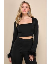 Lulus - Premium Aura Satin Feather Long Sleeve Crop Top - Lyst
