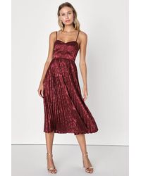 Lulus - Chic Sensibility Satin Jacquard Pleated Midi Dress - Lyst