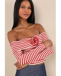 Lulus - Danon And Cream Striped Rosette Off-The-Shoulder Top - Lyst