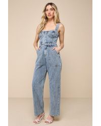 Lulus - Fresh Perfection Light Wash Bustier Sleeveless Denim Jumpsuit - Lyst