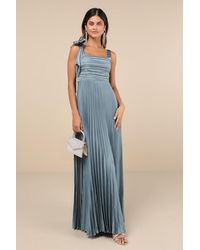 Lulus - Gorgeous Purpose Slate Satin Pleated Sleeveless Bow Maxi Dress - Lyst