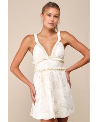 Lulus - Delightfully Precious Cream Mesh Embroidered Ruffled Mini Dress - Lyst